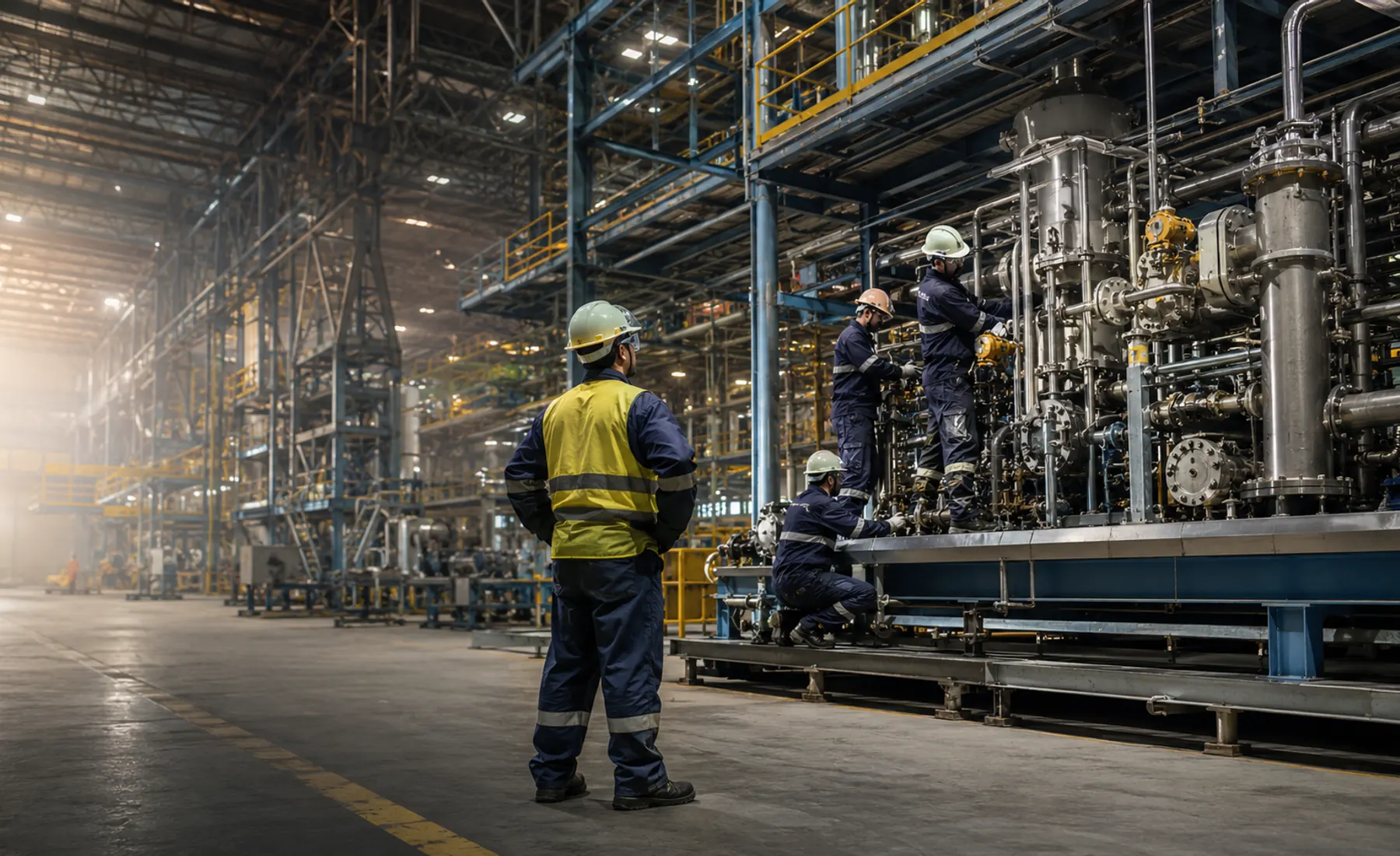 Planta industrial com estruturas, tubulações e operação em campo