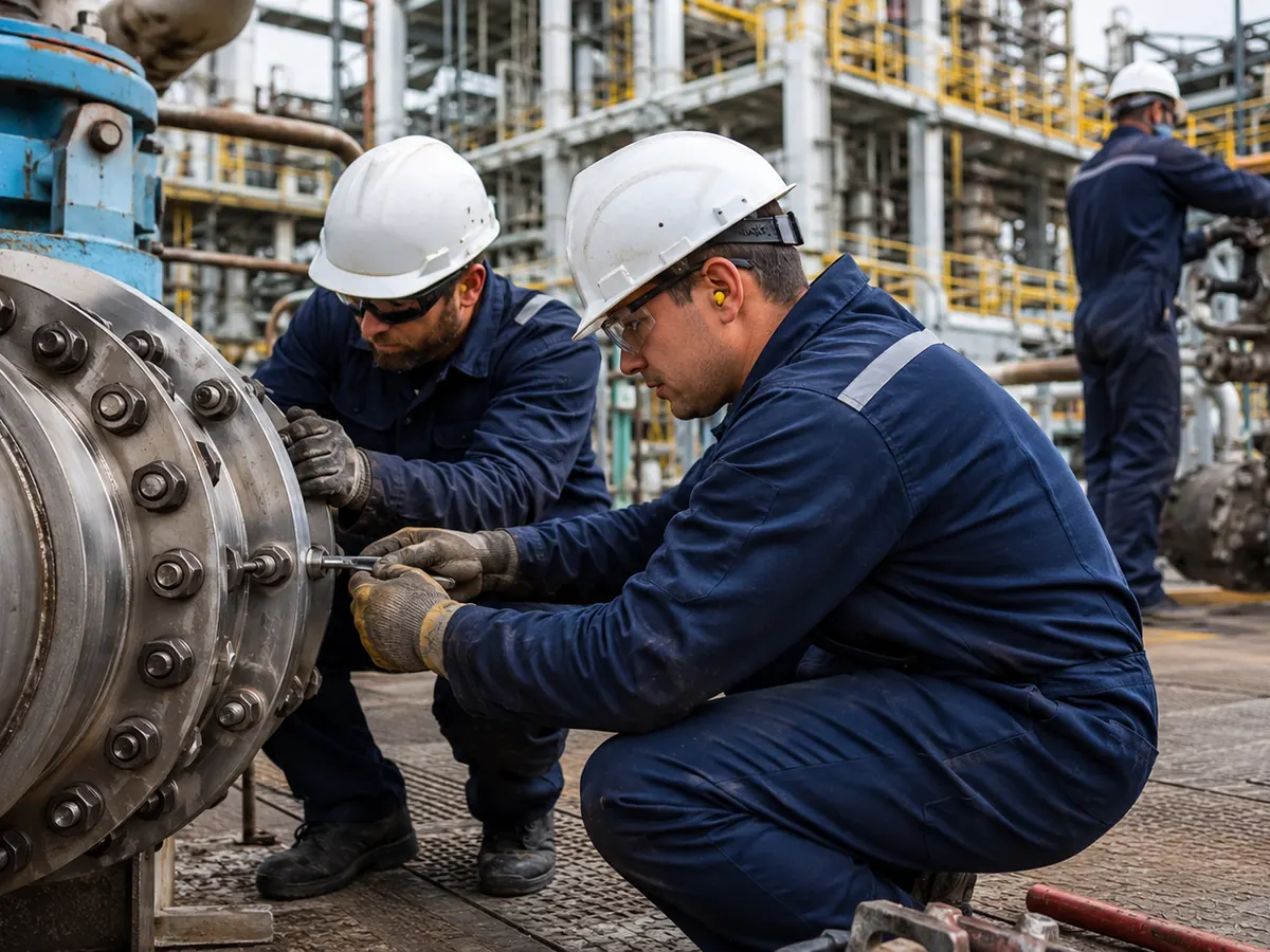 Detalhe de tubulação industrial e equipamentos montados em planta