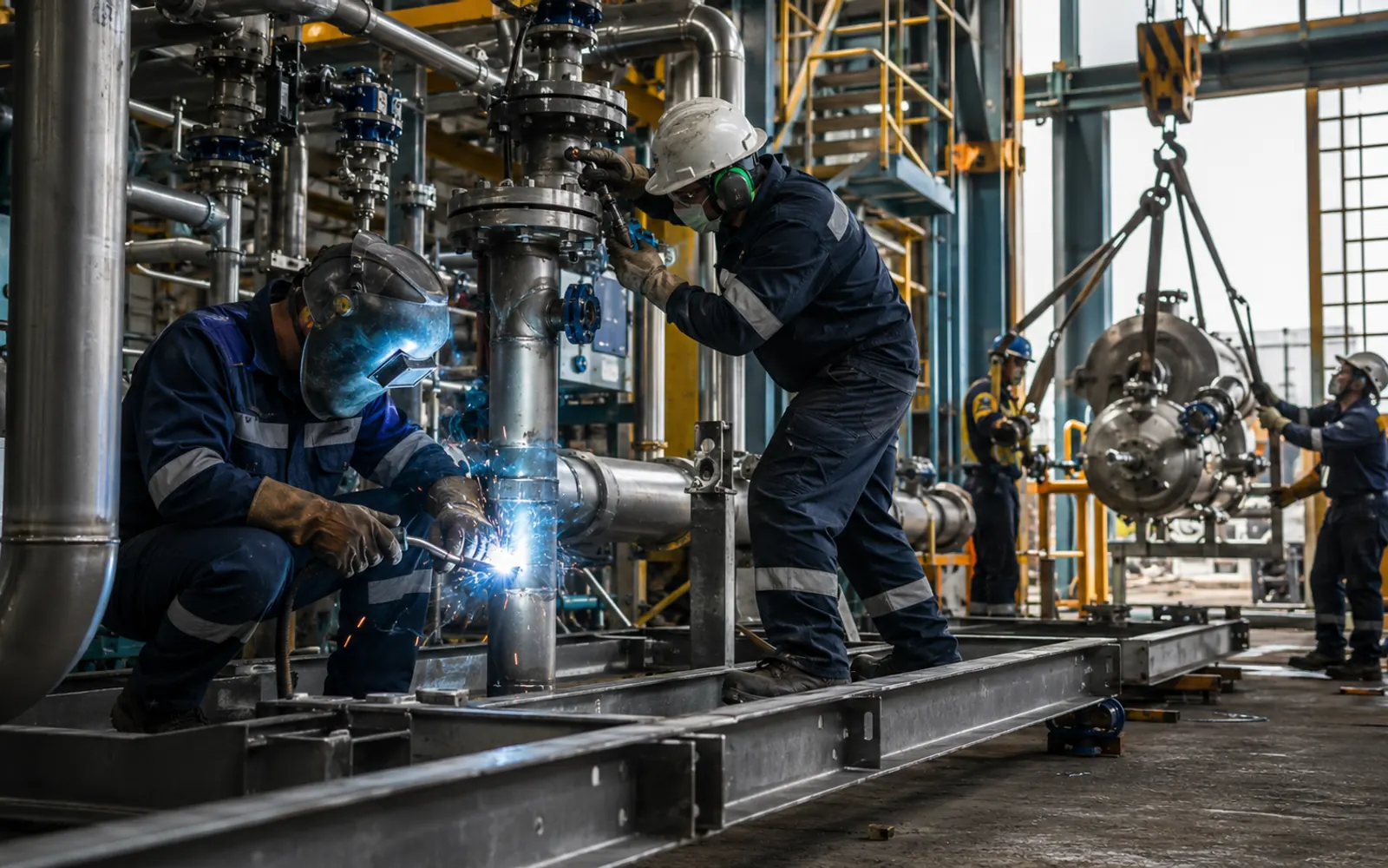 Equipe técnica em atividade de montagem e soldagem em planta industrial